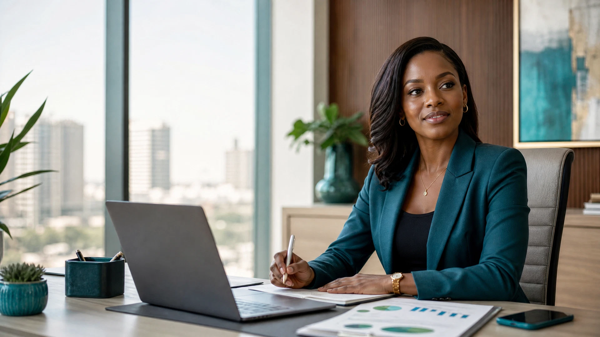 Empresária africana a analisar resultados do seu negócio